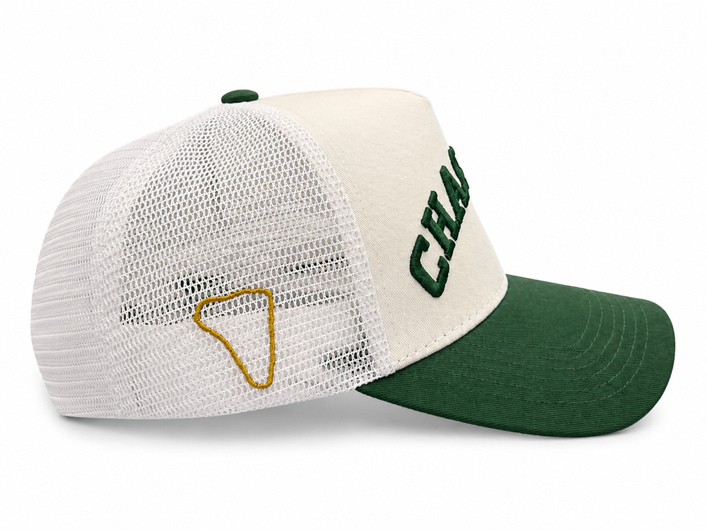 Chastain Trucker Green – side view showing gold course outline on white mesh