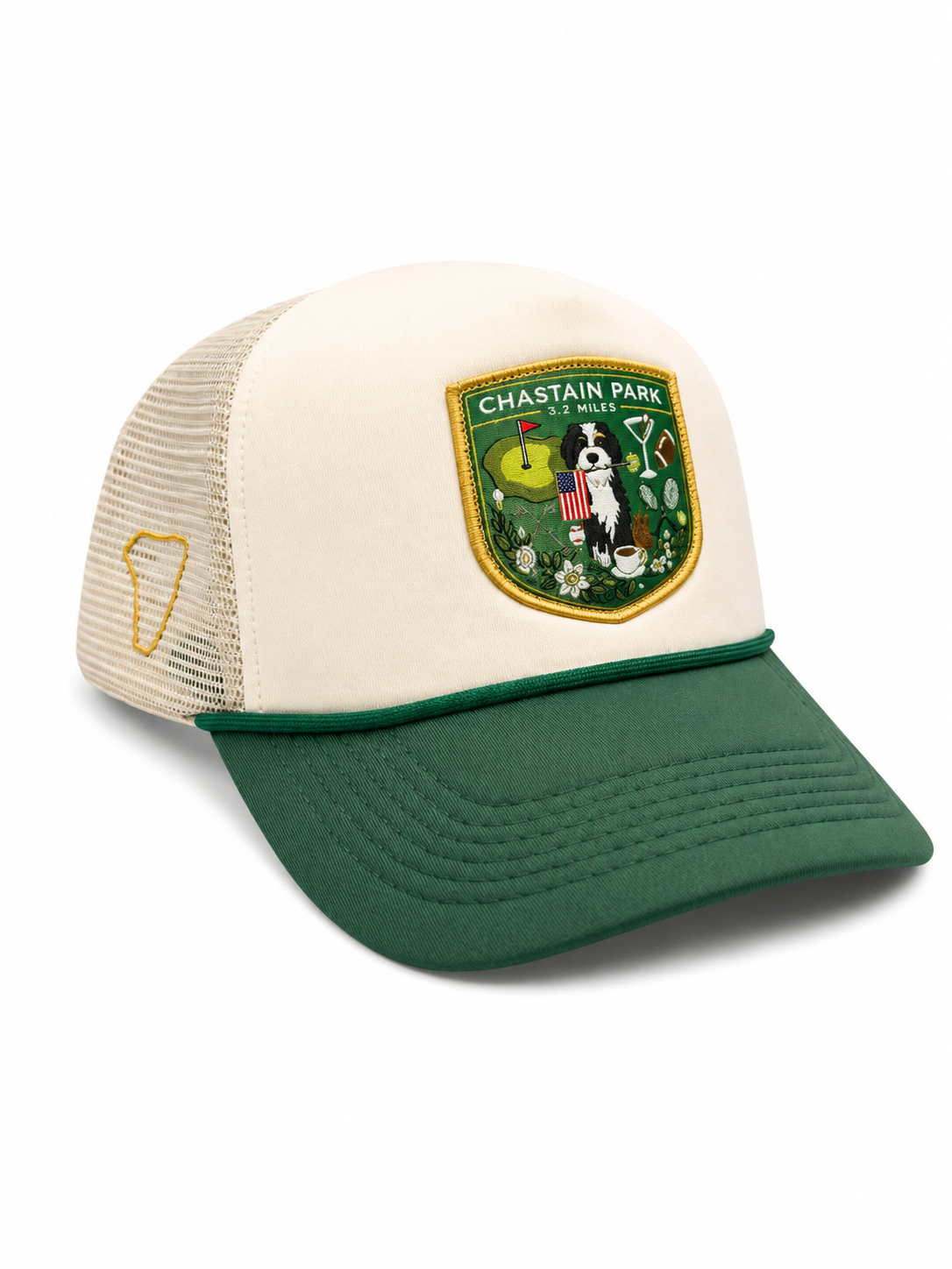 In The Park Hat – front view showing Chastain Park 3.2 Miles woven shield patch