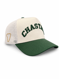 Chastain Trucker Green – three-quarter front view showing CHASTAIN 3D puff embroidery