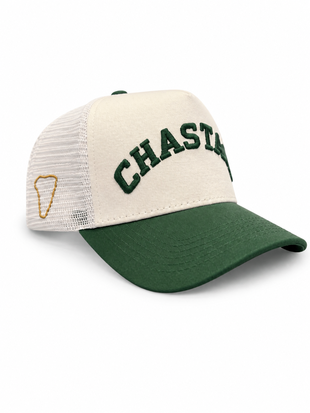 Chastain Trucker Green – three-quarter front view showing CHASTAIN 3D puff embroidery