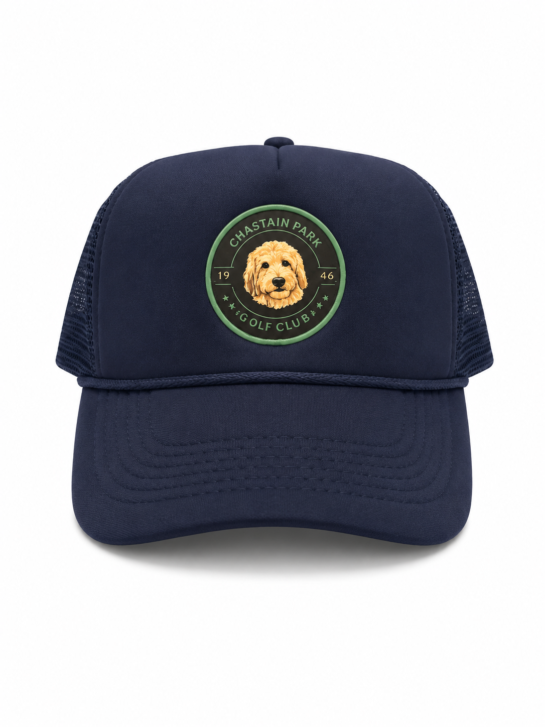 Chastain Park Dog Walking Club Navy – three-quarter angle showing crest patch and mesh back