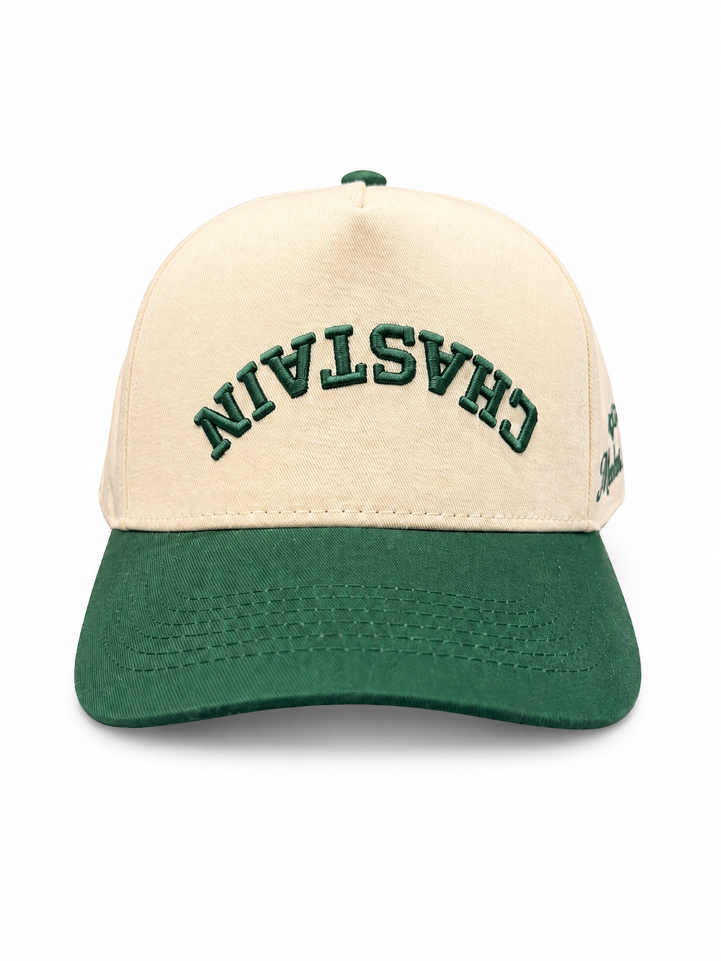 The Upside Down Chastain Hat – front view showing inverted CHASTAIN embroidery