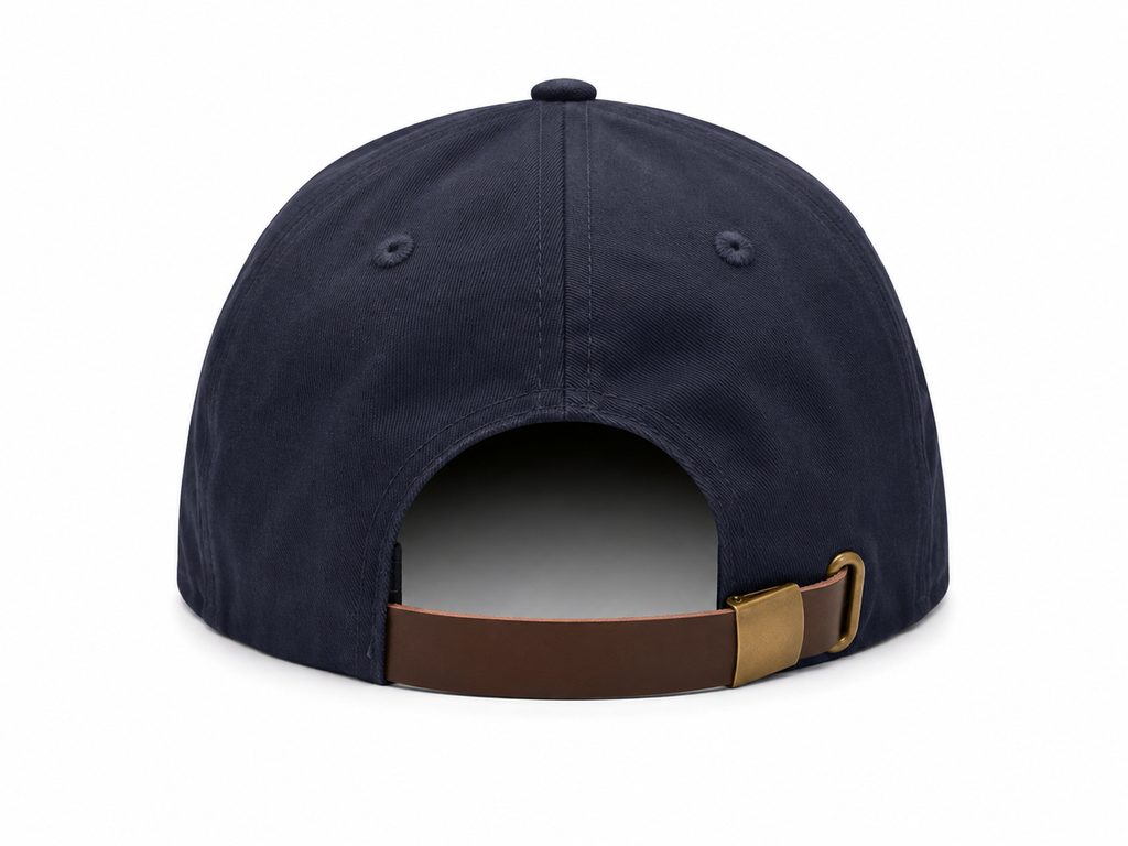 CP Dad Hat – back view showing brown leather strap and brass buckle closure