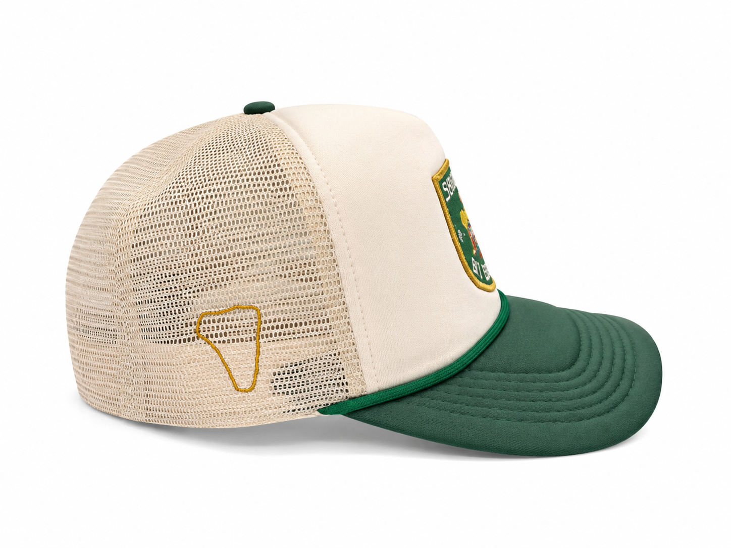 In The Park Hat – side view showing gold course outline on cream mesh
