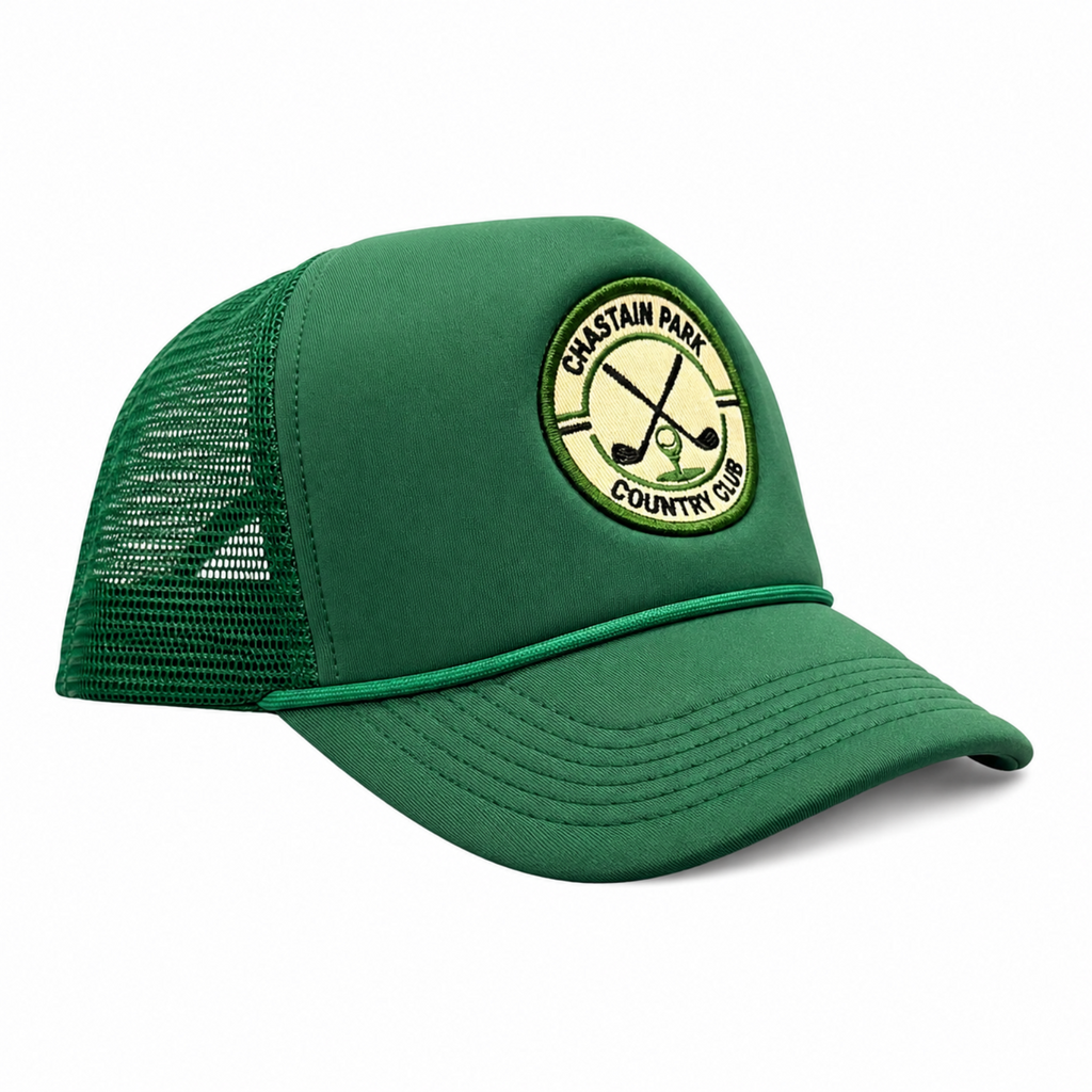 Chastain Park Country Club Trucker Green – straight-on front view showing full crest patch detail