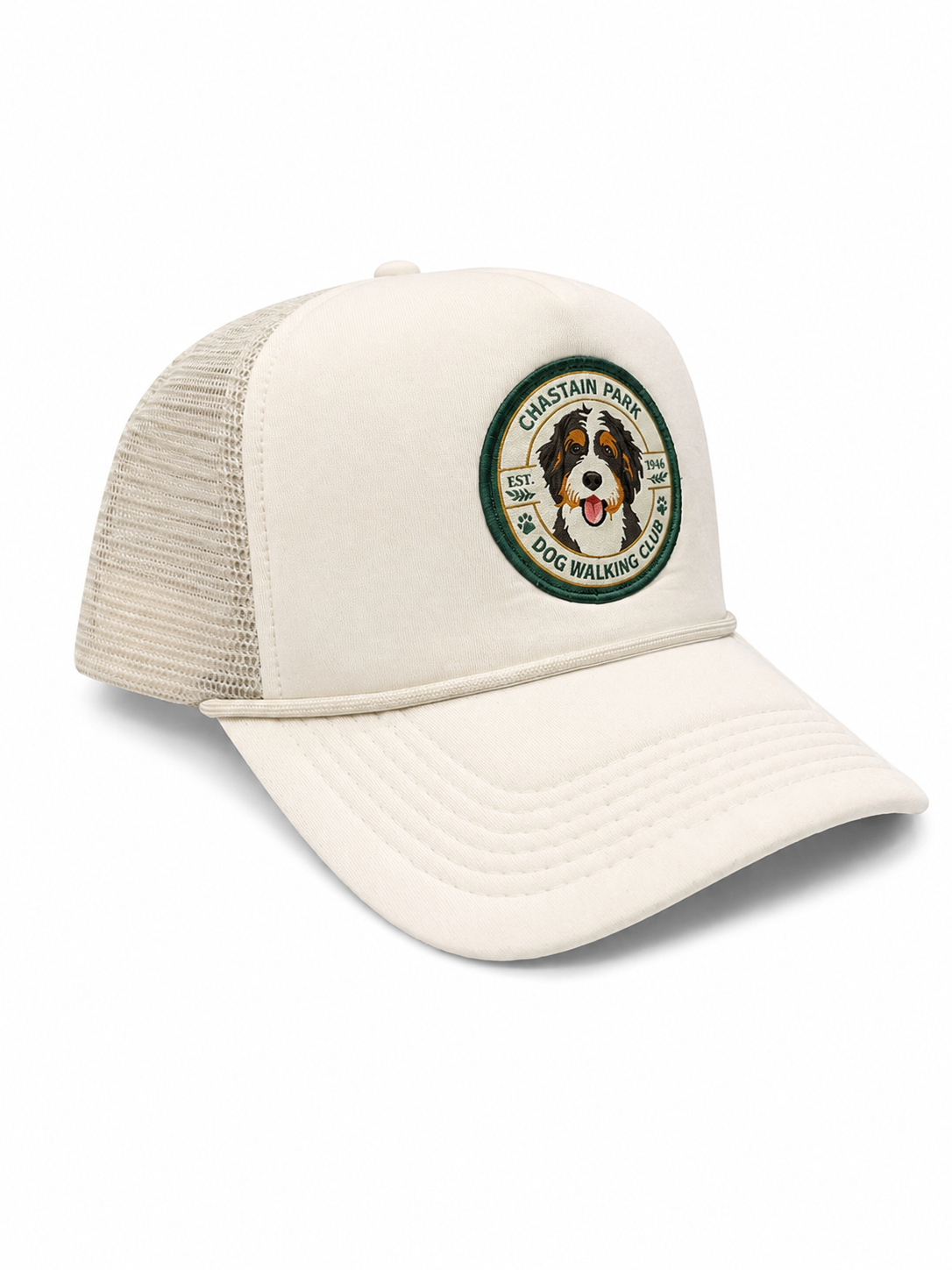 Chastain Park Dog Walking Club Hat – front view showing woven patch