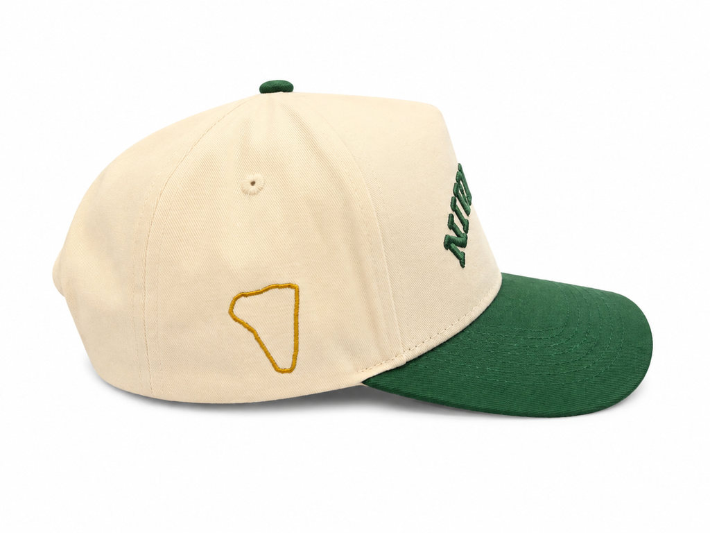 The Upside Down Chastain Hat – side view showing gold course outline embroidery