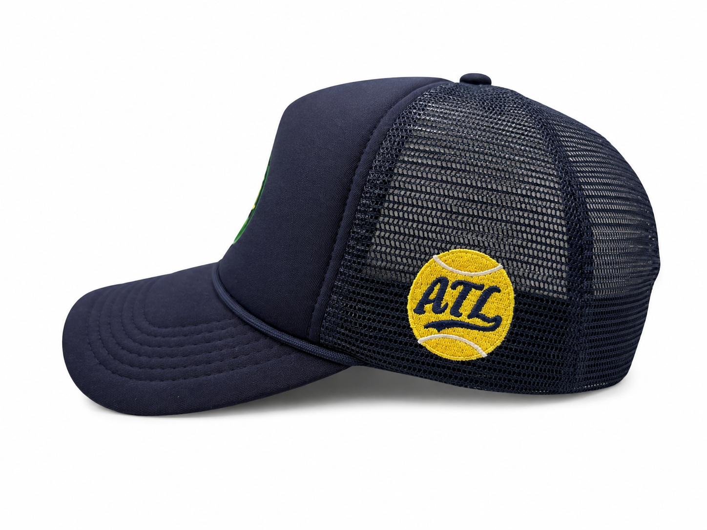 Chastain Park Tennis Club Hat Navy – side view showing ATL tennis ball patch on mesh