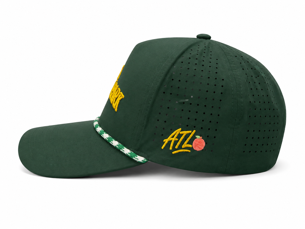 On The Green Hat – side view showing ATL peach embroidery