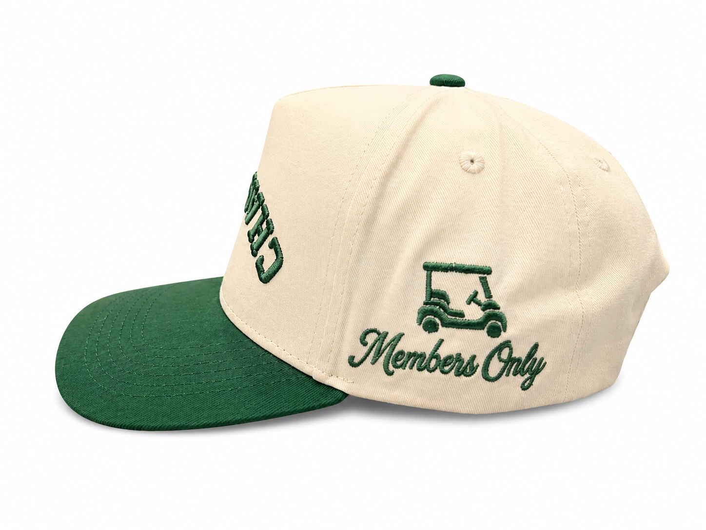 The Upside Down Chastain Hat – side view showing Members Only golf cart embroidery