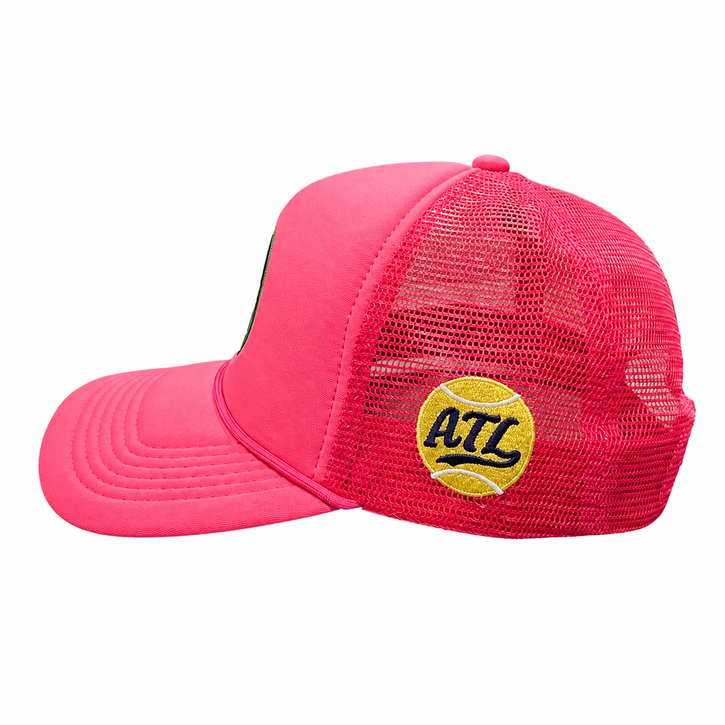 Chastain Park Tennis Club Hat Pink – side view showing ATL tennis ball patch
