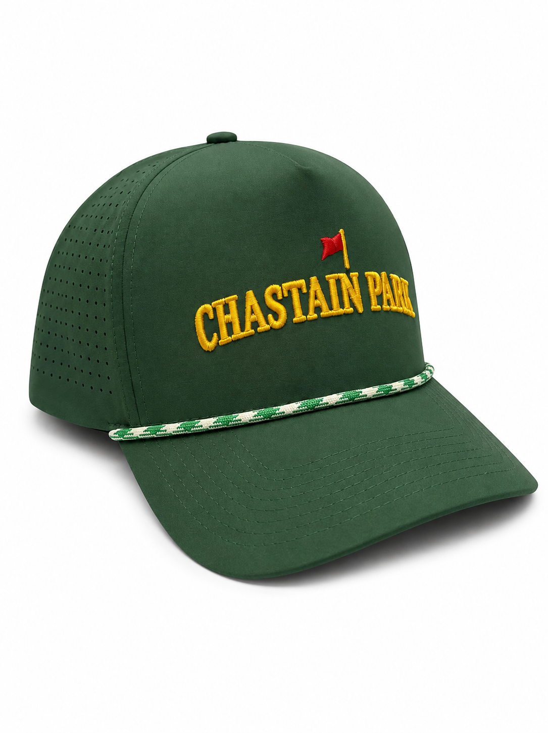 On The Green Hat – three-quarter angle showing rope brim and perforated body