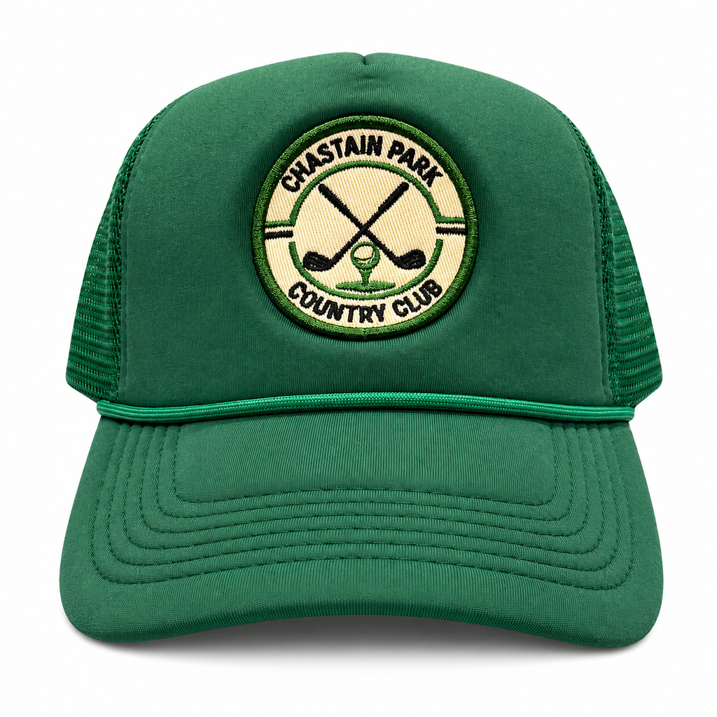 Chastain Park Country Club Trucker Green – three-quarter front view showing crest patch