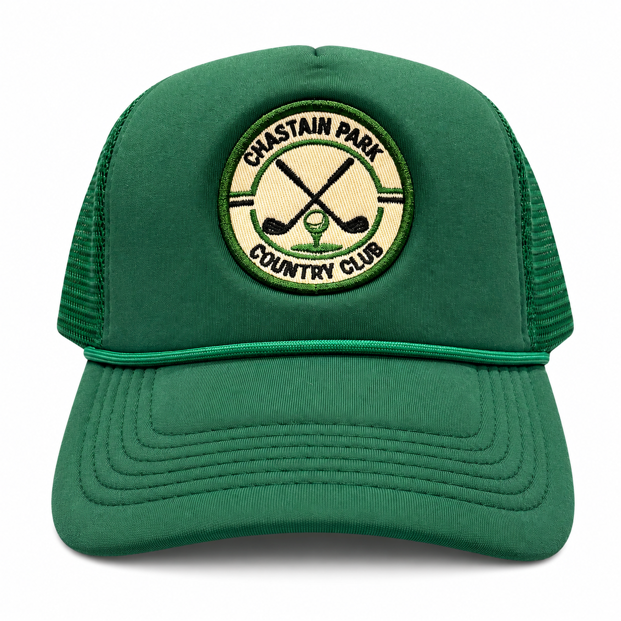 Chastain Park Country Club Trucker Green – three-quarter front view showing crest patch