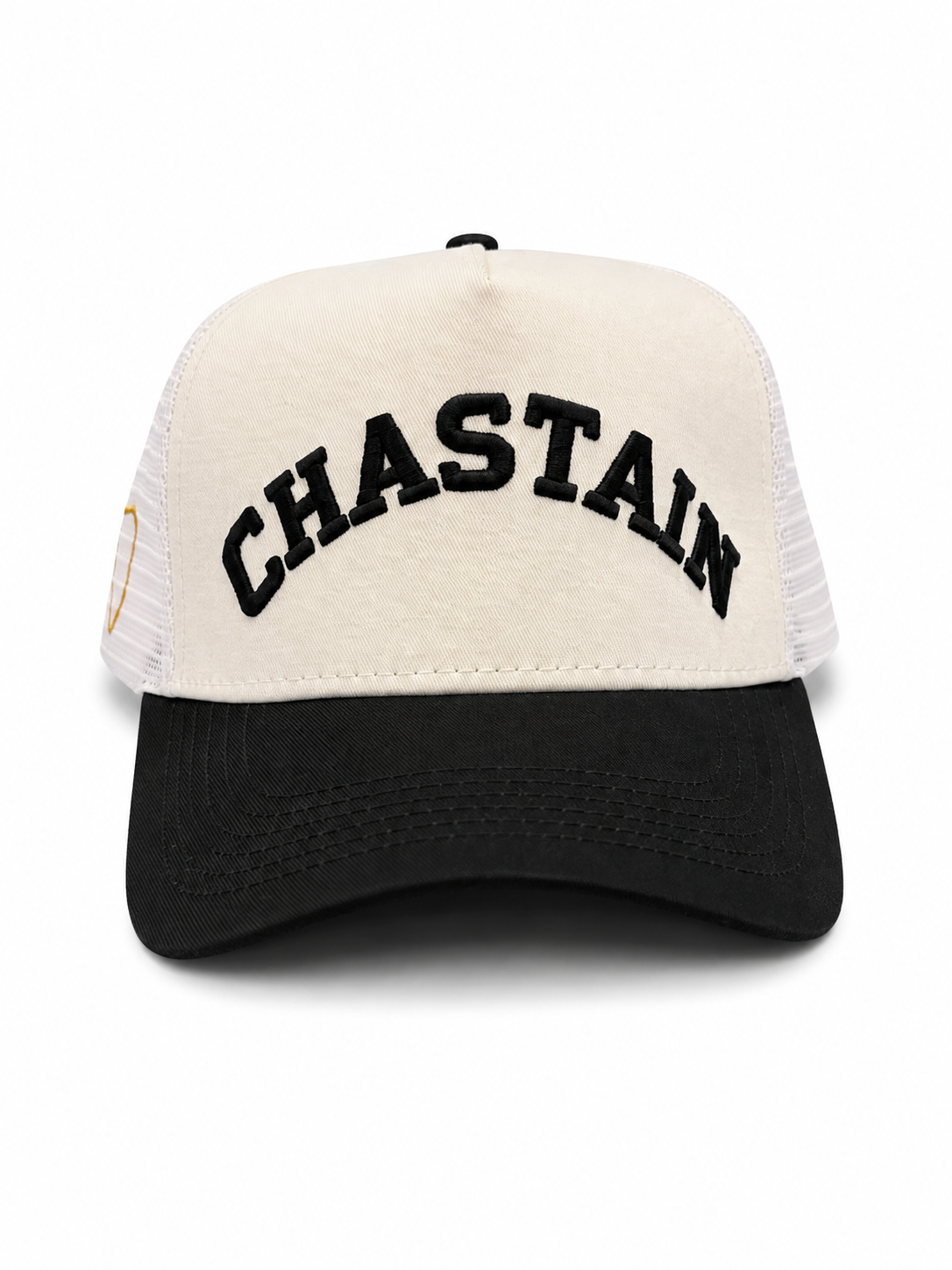 Chastain Trucker Black – front view showing CHASTAIN 3D puff embroidery