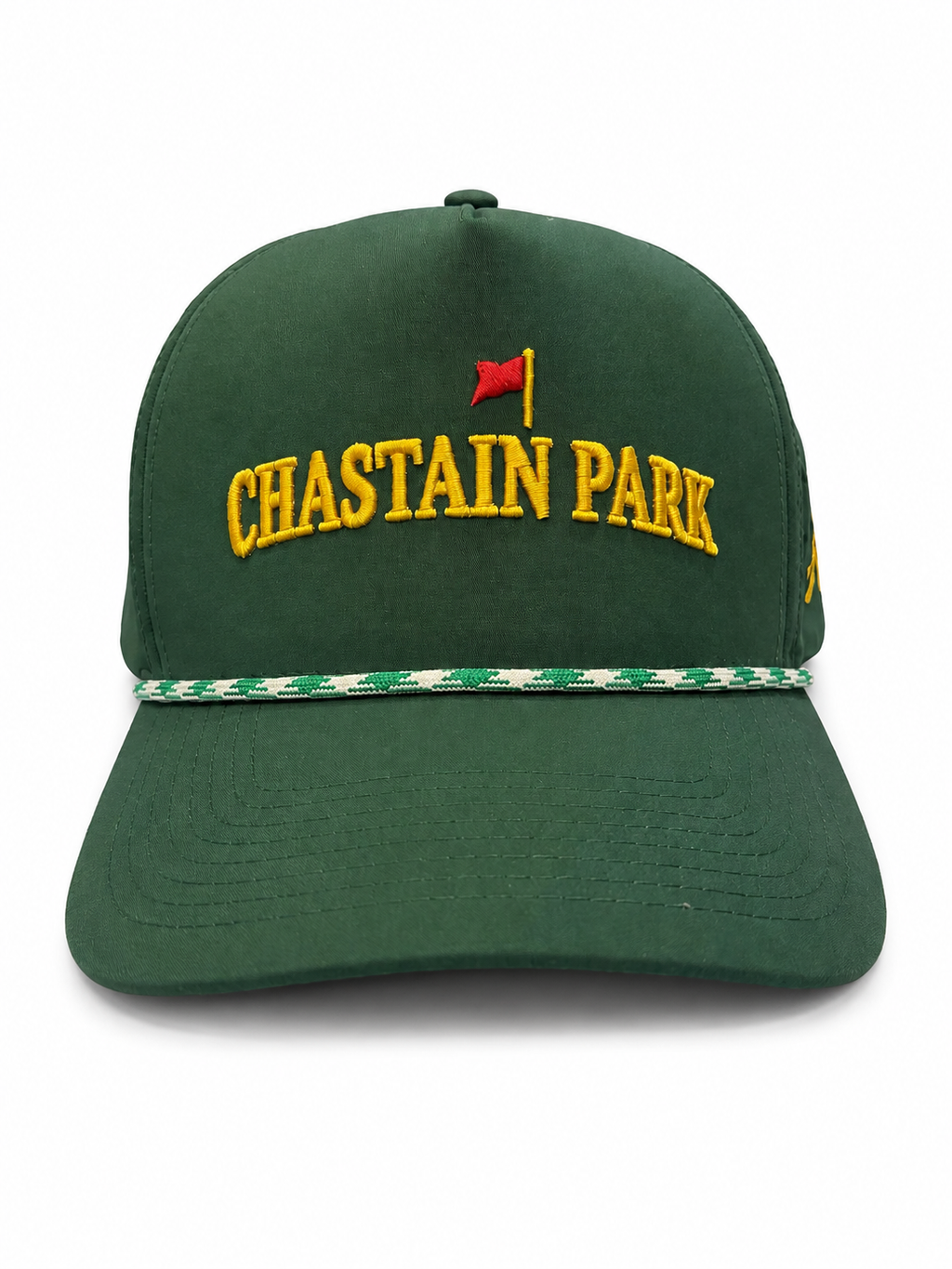 On The Green Hat – front view showing gold CHASTAIN PARK arch and red flag pin