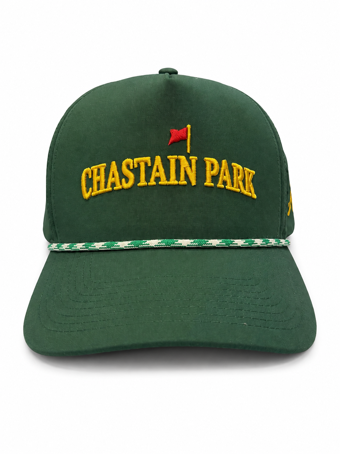 On The Green Hat – front view showing gold CHASTAIN PARK arch and red flag pin