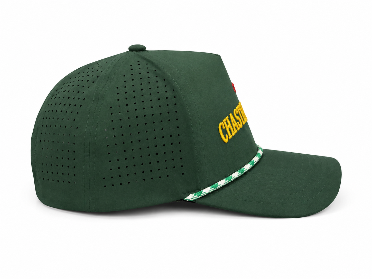 On The Green Hat – opposite side profile showing perforated body and rope brim detail