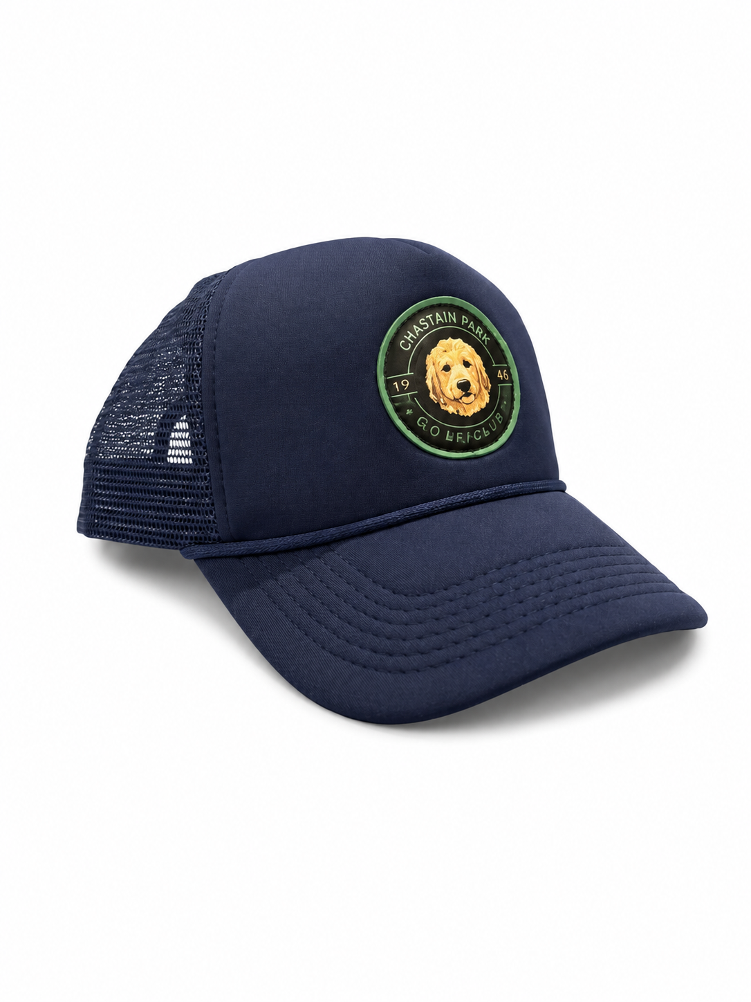 Chastain Park Dog Walking Club Navy – front view showing golden doodle crest patch