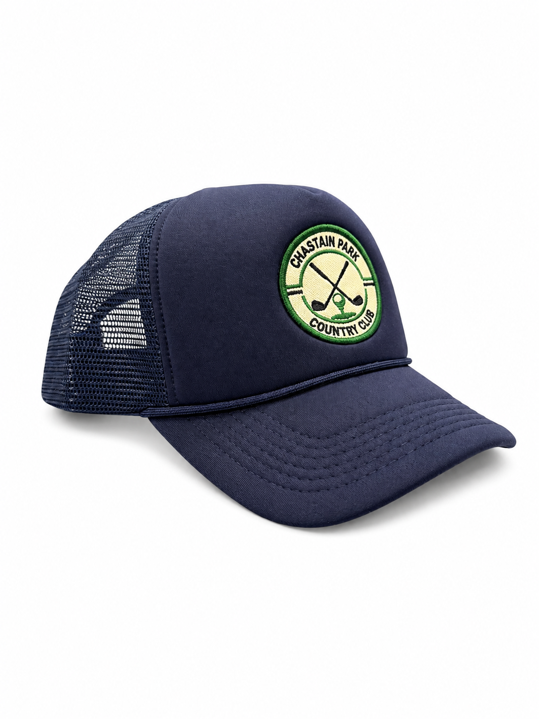 Chastain Park Country Club Trucker – three-quarter angle showing crest patch and mesh back