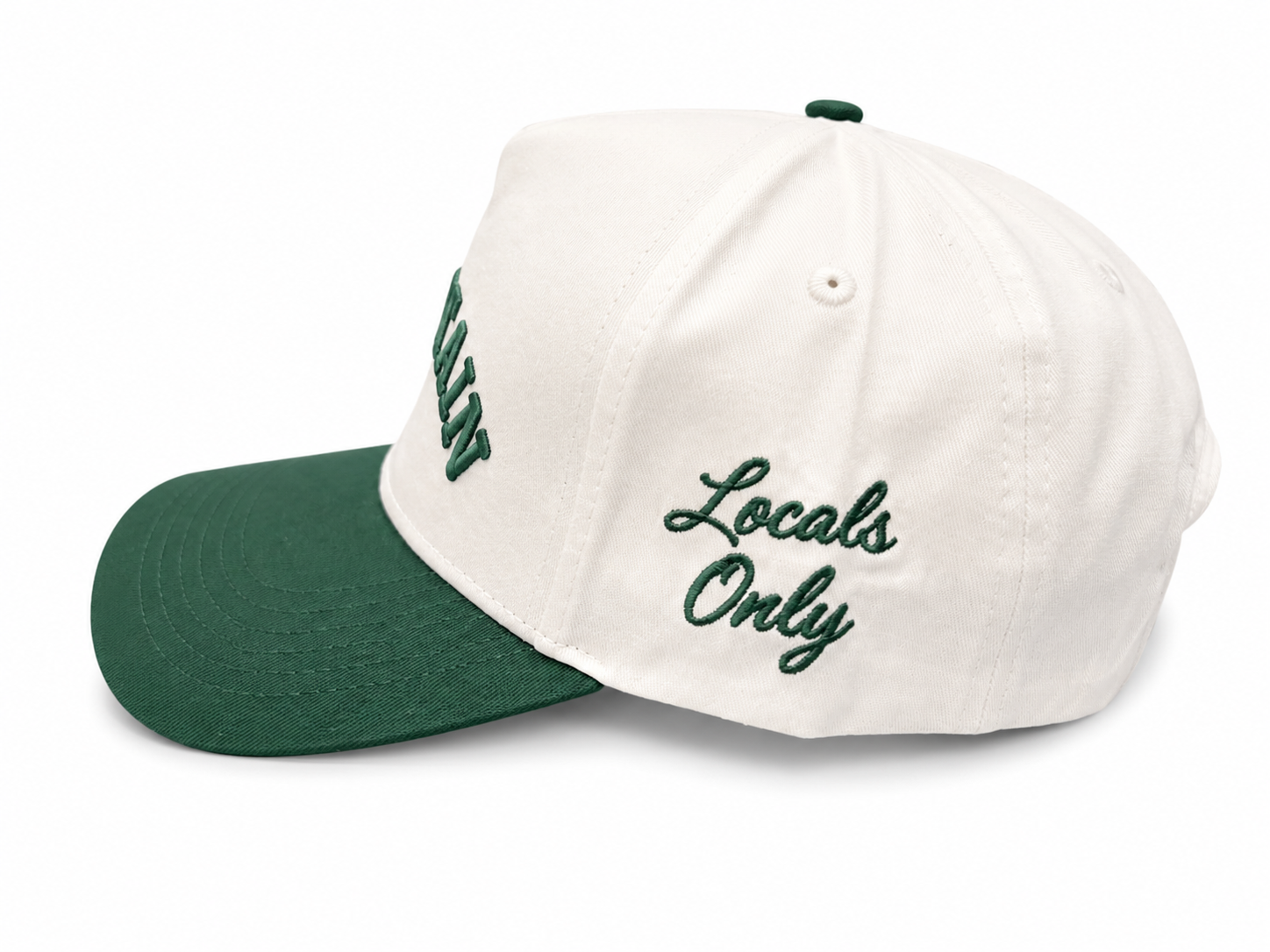 Chastain Locals Only Green – opposite side showing Locals Only script embroidery