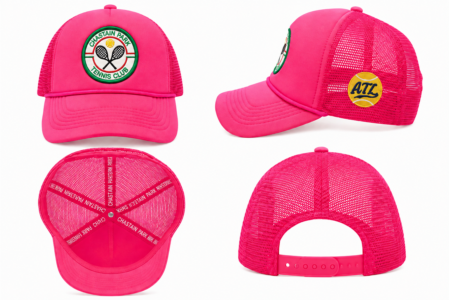 Chastain Park Tennis Club Hat Pink – four angles showing front, back, side, and interior