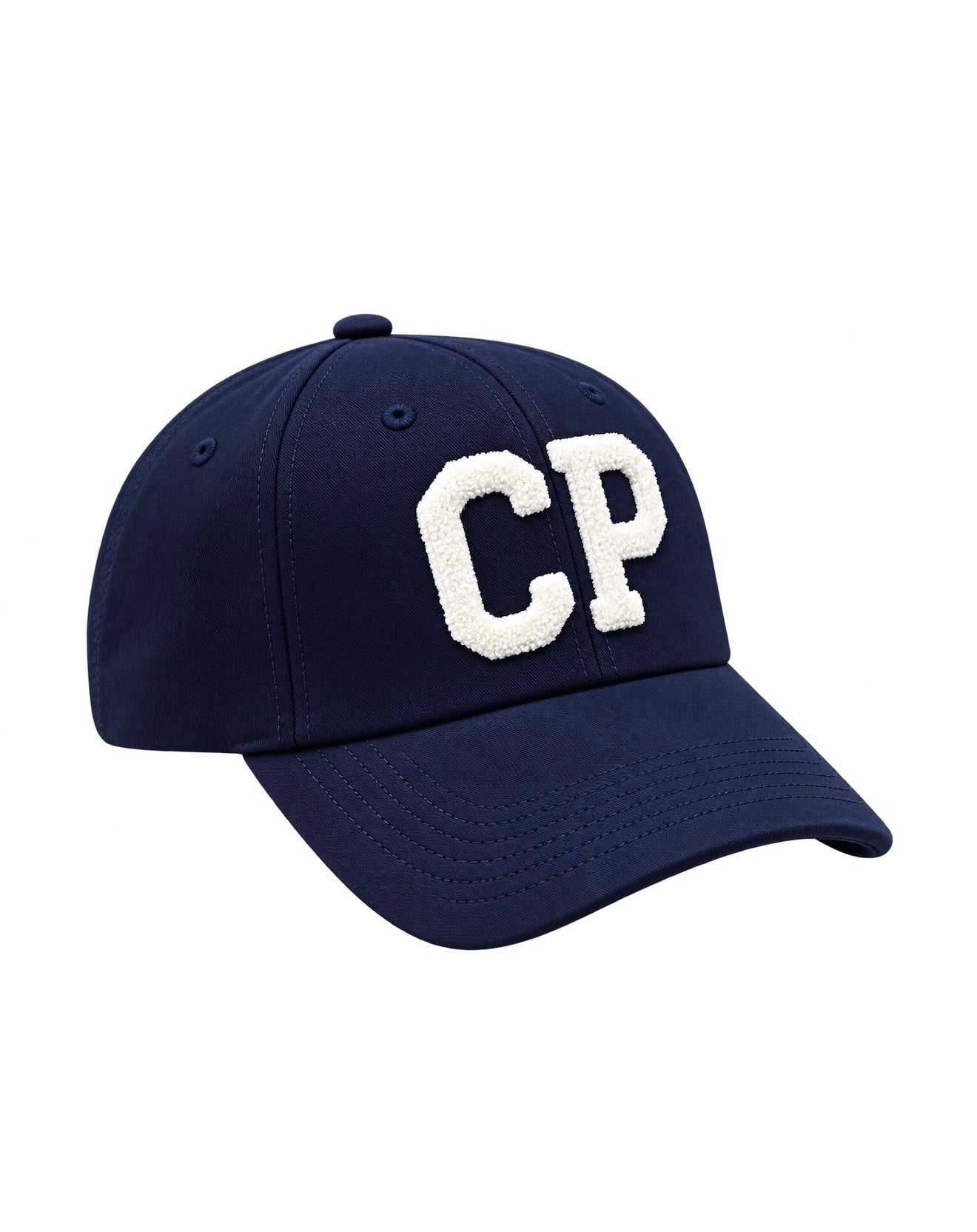 CP Dad Hat – three-quarter front view showing oversized cream chenille CP patch